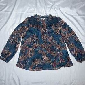 Frye and Co Peasant Top Women L Floral Paisley Ruffle Boho Western Lined Sparkle